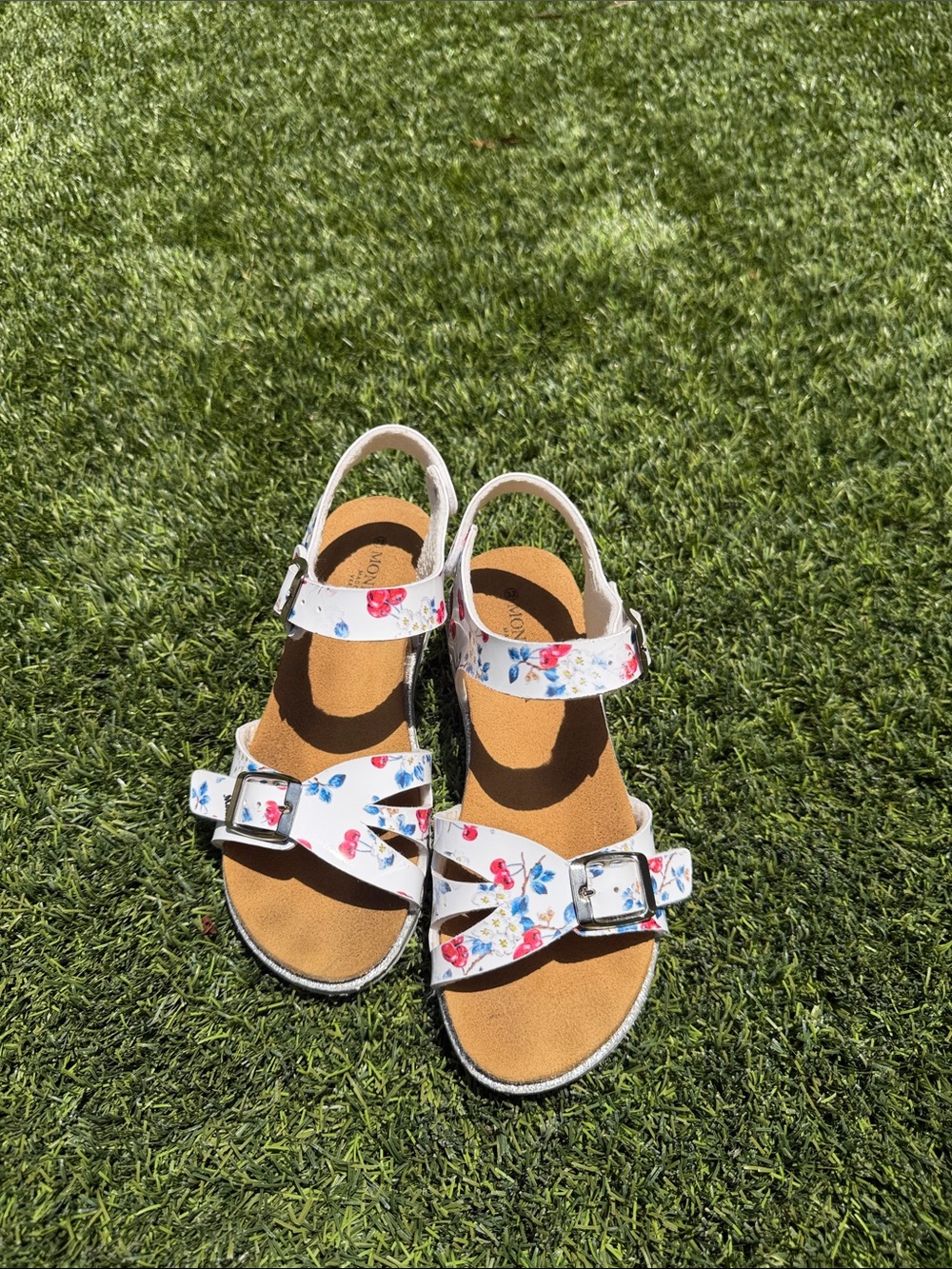 MonnaLisa Cherry and Blue and White Floral Buckle Kids Sandals